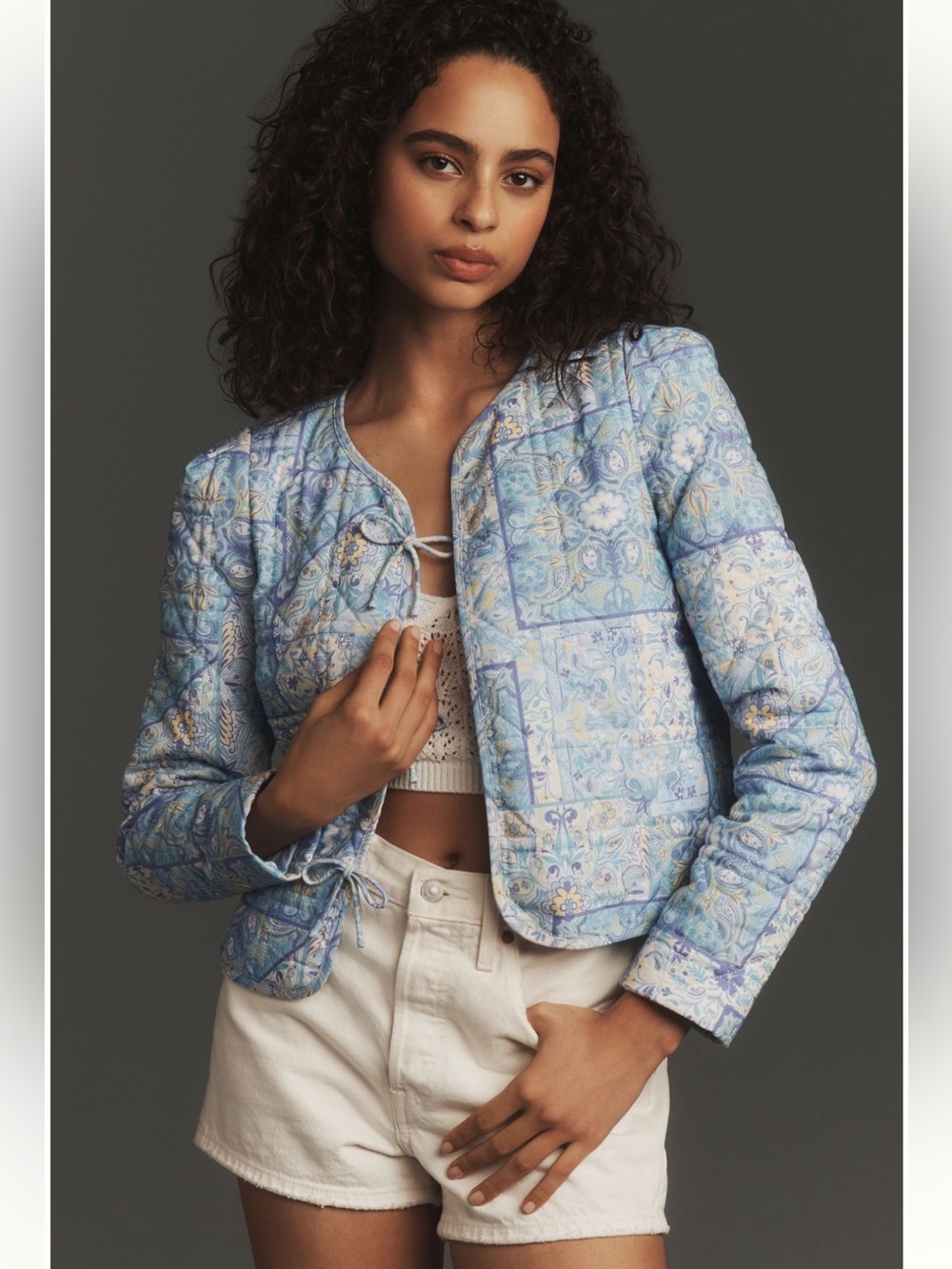 Anthropologie Dolan Bow-Front Linen Quilted Lady Jacket • Blue Paisley • S